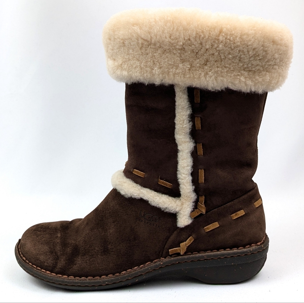 UGG Australia Elijo Boots Suede Shearling Cuff & Trim Pull On Espresso Brown 9